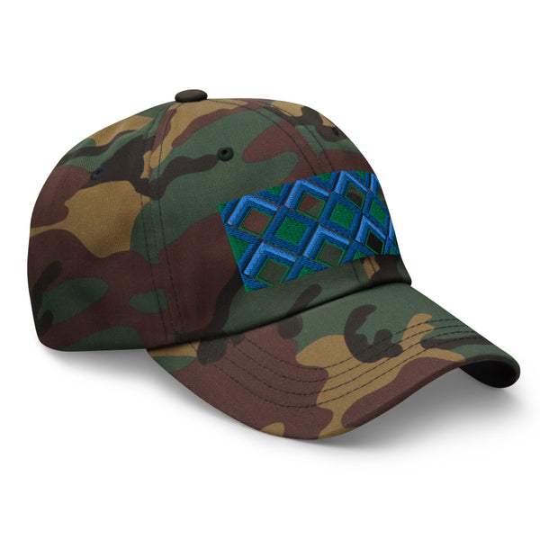 Blue diamonds with green and turquoise tones in this geometric 1960s inspired retro design logo on this dad hat