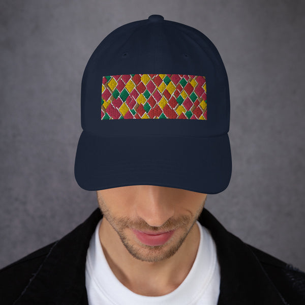 Geometric diamond shaped rectangular logo in pink, orange, yellow and green in this 60s inspired navy colored dad cap