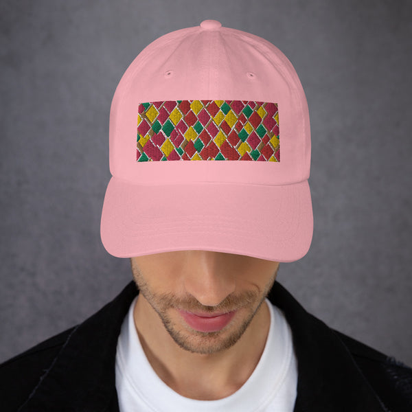 Geometric diamond shaped rectangular logo in pink, orange, yellow and green in this 60s inspired pink colored dad cap