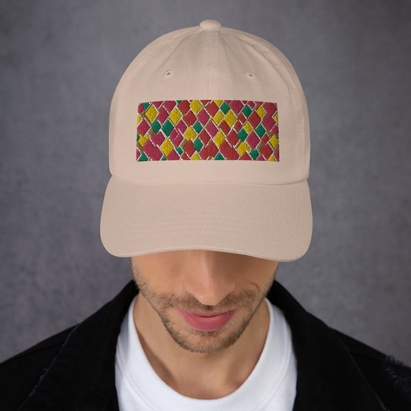Geometric diamond shaped rectangular logo in pink, orange, yellow and green in this 60s inspired stone colored dad cap