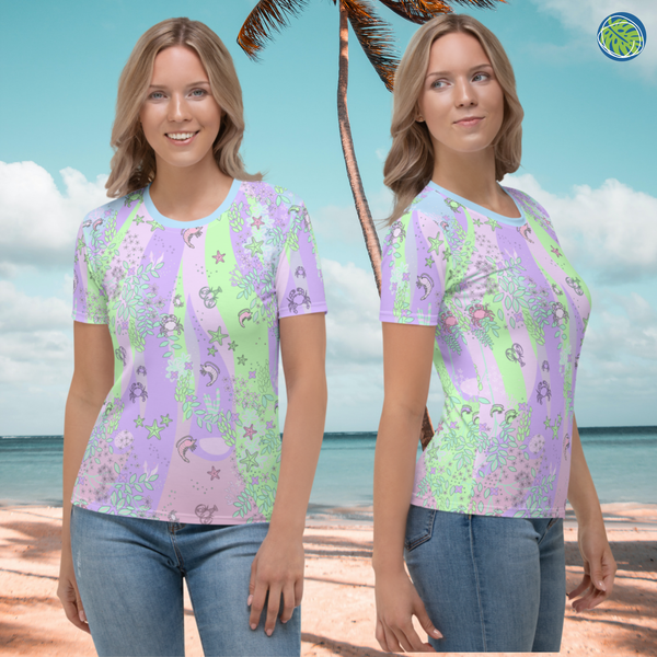 Ocean blush crustaceancore all over print sublimation t-shirt for women with a pattern of sea critters in a stripy background of pastel pink, blue, green and pink. Womens short sleeved with crew neck tee shirt by BillingtonPix