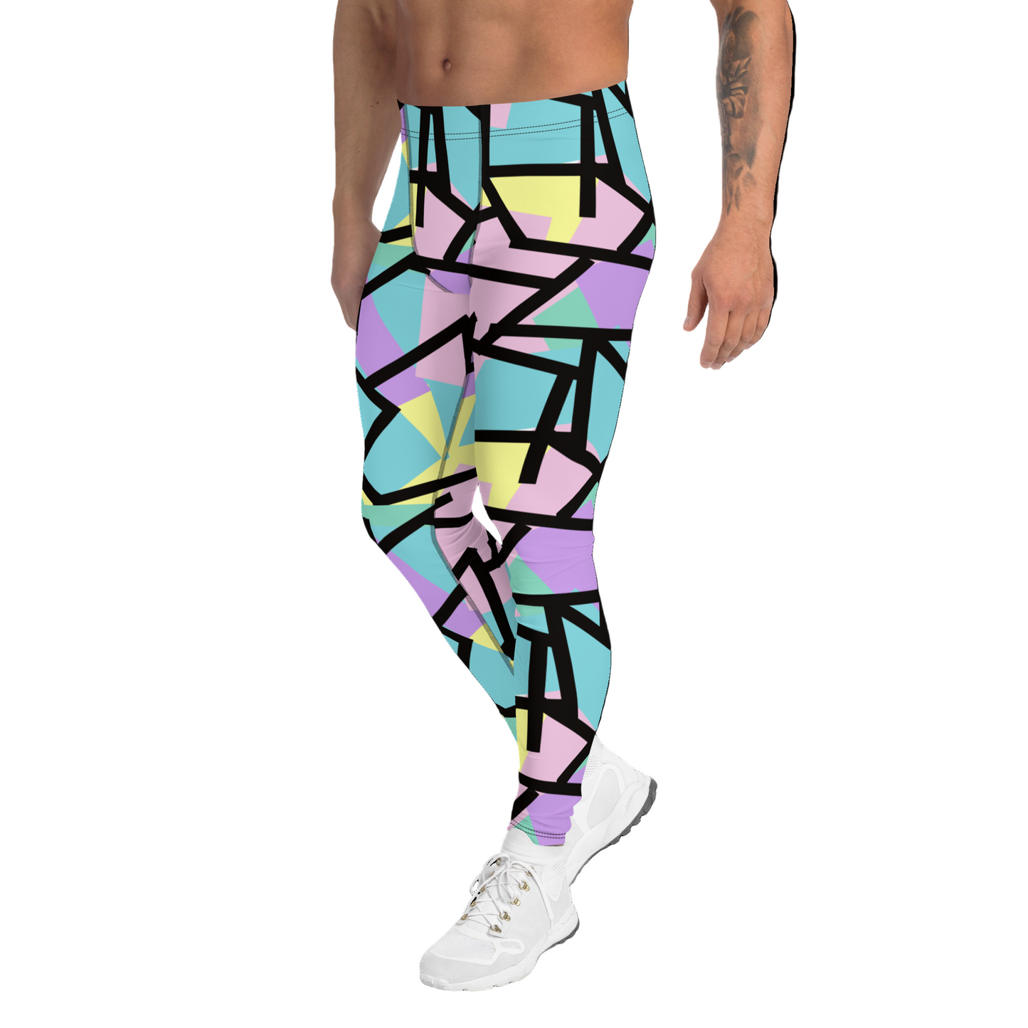 Harajuku Pastel Goth fashion leggings for men with tones of pink, blue, green, yellow and purple with a black geometric overlay on these festival meggings athleisure crazy gym leggings by BillingtonPixHarajuku Pastel Goth fashion leggings for men with tones of pink, blue, green, yellow and purple with a black geometric overlay on these festival meggings athleisure crazy gym leggings by BillingtonPix