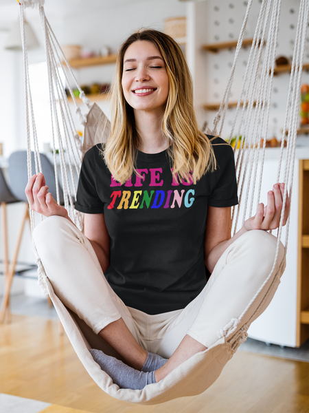 Life is Trending LGBTQ shirt with rainbow flag colorful font on this black slogan tee by BillingtonPix