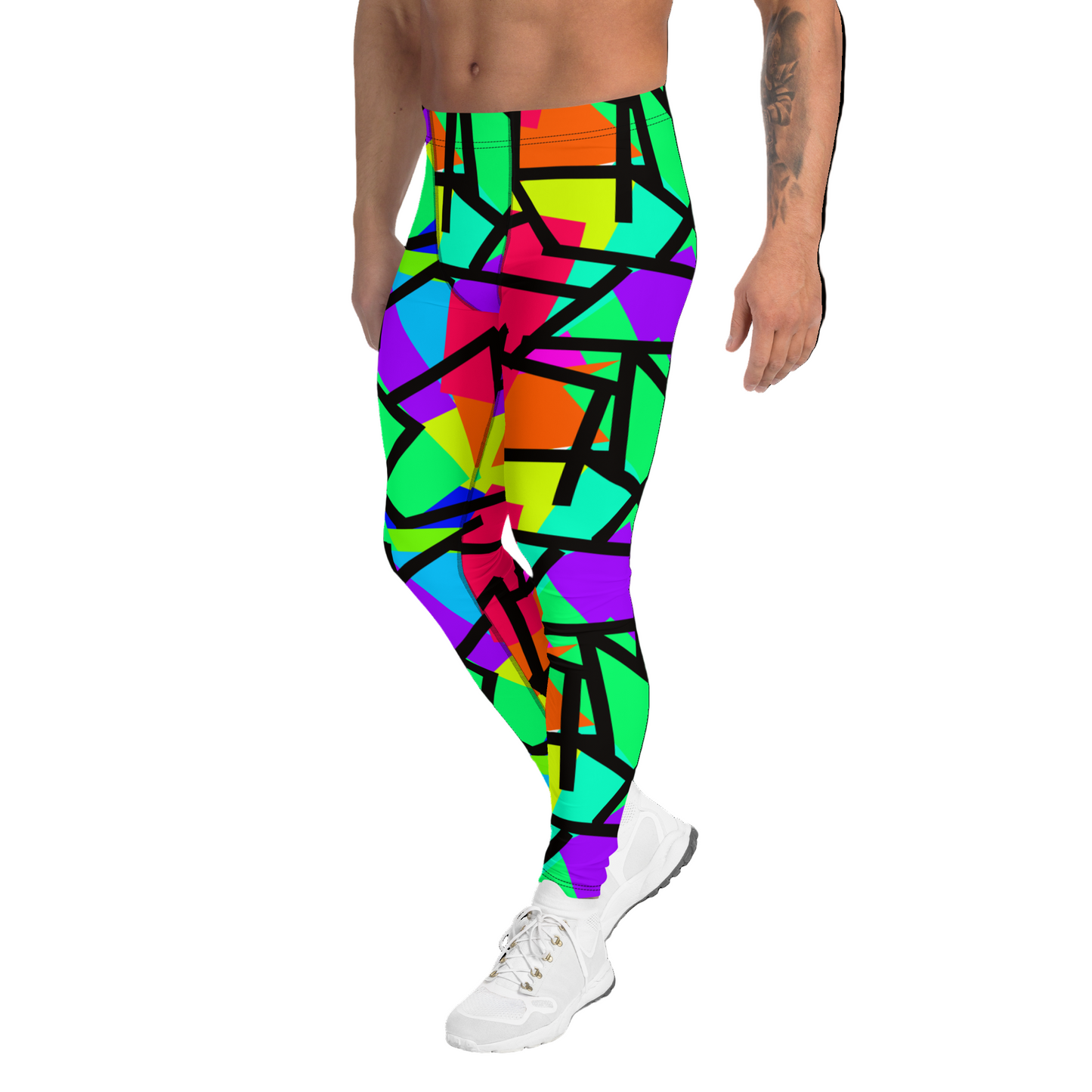 Vibrant colourful men's leggings in a kitsch 80s retro Memphis style with diagonal shapes in blue, red, orange, purple, turquoise, green and yellow and a black diagonal overlay on these meggings or mens running tights by BillingtonPix