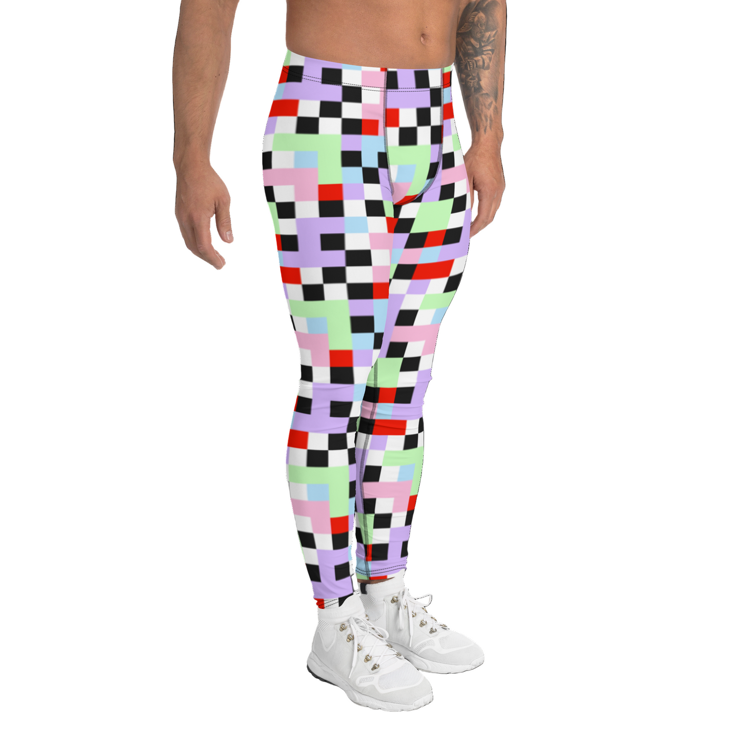 Gorgeous chequered pattern men's leggings in Pastel Goth color palette of purple, pink, blue, green, black and red. Great as rave meggings or festival pants, or equally as gym leggings for men or men's running tights. Design by BillingtonPix.
