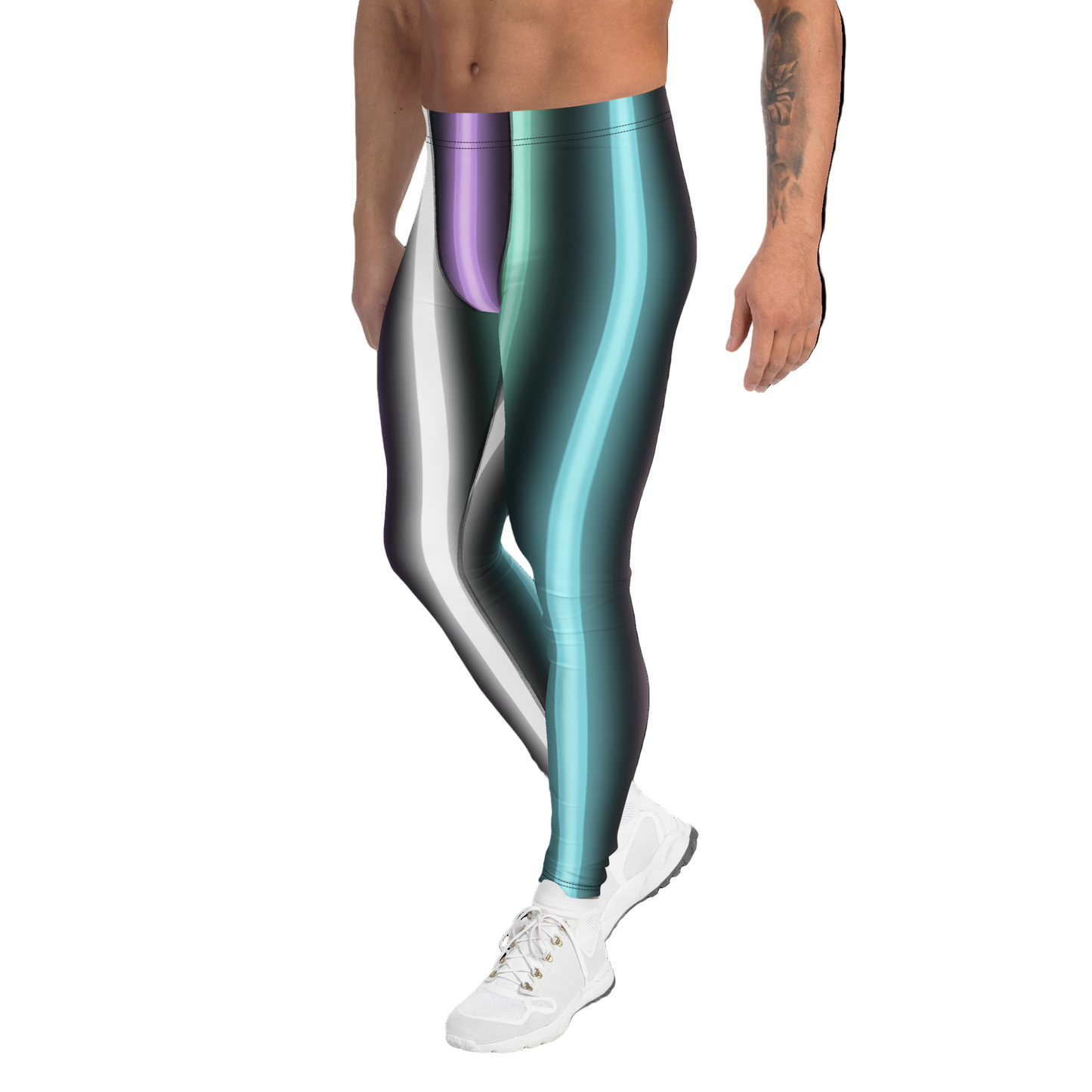 Neon Harajuku stripes on these fashion meggings or gym leggings by BillingtonPix with tones of pink, purple, green, blue and cream in colourful vertical stripes as unique festival meggings or gym leggings.