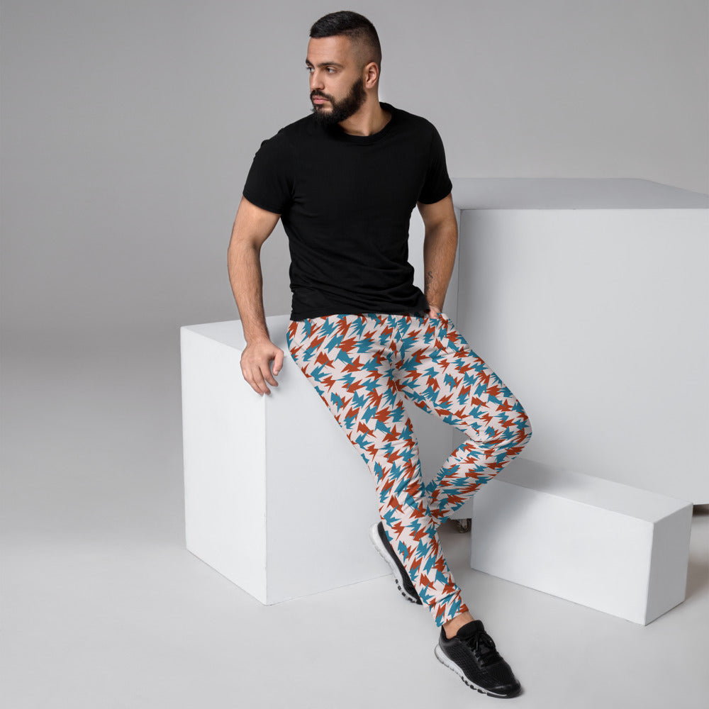 Person wearing colorful patterned jogging pants looking left