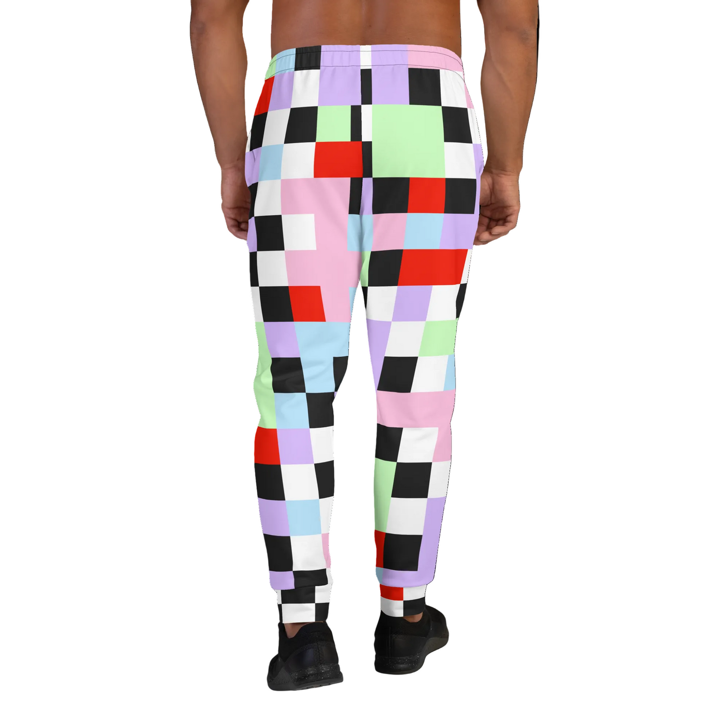 Pastel goth Harajuku themed men's joggers in chequered pattern of purple, green, pink, blue, red, black and white on these tracksuite bottoms by BillingtonPix