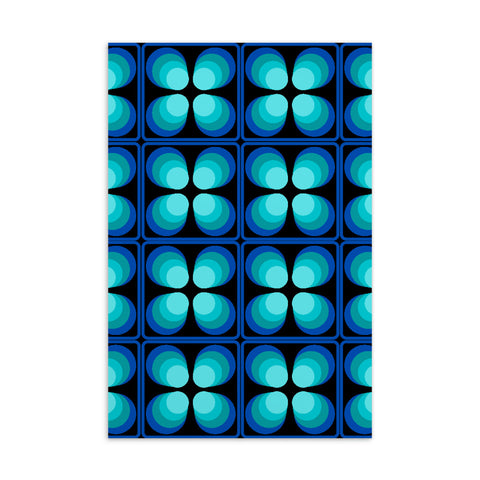 Turquoise and Blue Retro Seventies Tiles Pattern with Black Background. 