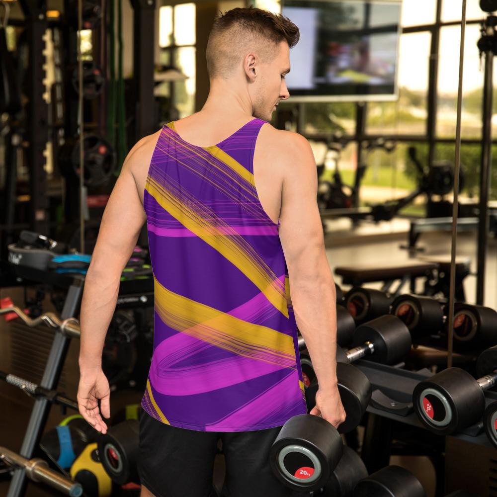 Disco Shroom tank top sports vest with a neonwave style design, neon lighting, stripes and vibe in tones of pink, red and yellow. Shows two mushrooms in the centre in front of a neon triangle and the Japanese words ディスコ シュルーム meaning Disco Shroom. Swirling tones of lilac and amber yellow against a purple background on in an all-over pattern on this graphic tank top vest by BillingtonPix