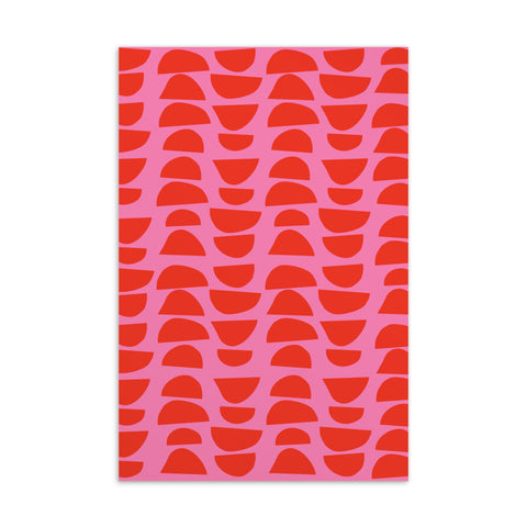 This Mid-Century Modern style postcard design consists of stacked red abstract geometric shapes in stunning red alternating in reverse against a gorgeous pink background