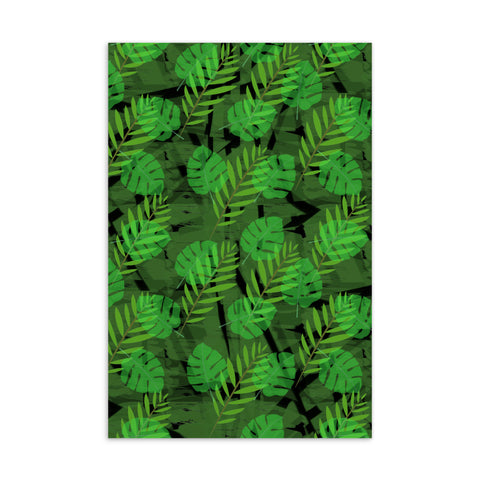 This vintage style postcard design consists of green, lime and black leaf monstera and fern shapes repeated across this awesome contemporary style surface pattern design.