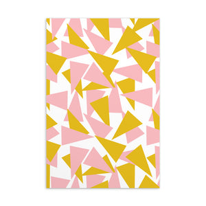  This vintage style postcard design consists of an abstract triangular pattern in pink and mustard orange against a white background
