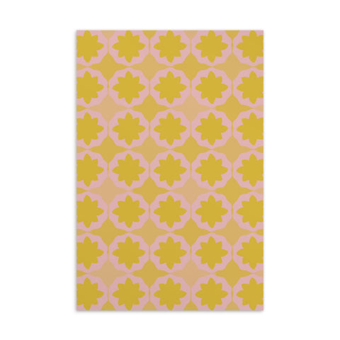  This vintage style card design consists of a colorful, abstract geometric floral design in pink and yellow/orange tones