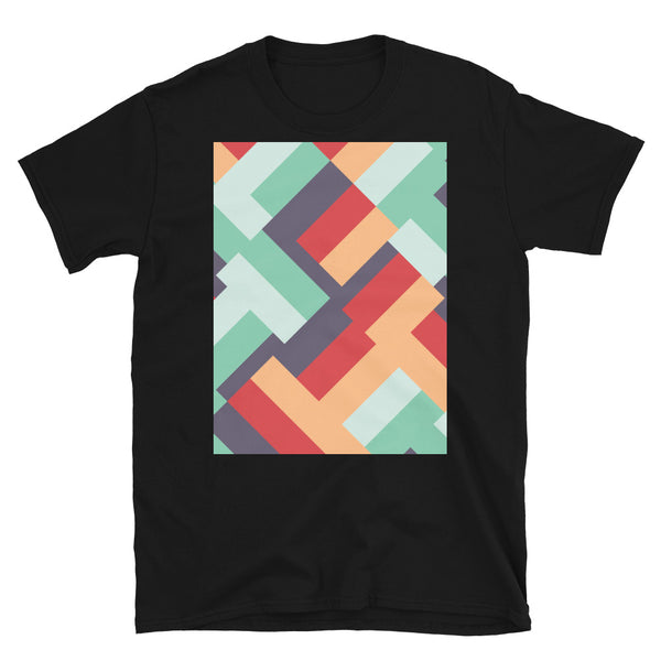 Diagonal shaped mid-century modern retro pattern in summertime tones such as eggplant, peach, scarlet, mint and teal black t-shirt
