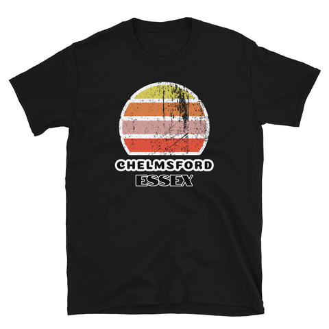Vintage distressed style retro sunset in yellow, orange, pink and scarlet with the Essex neighbourhood of Chelmsford outlined beneath on this black cotton t-shirt