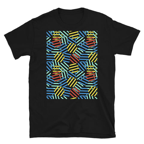 Colourful 80s Memphis design graphic t-shirt consisting of circular pattern overlays in red, yellow, orange and blue on this black tee by BillingtonPix