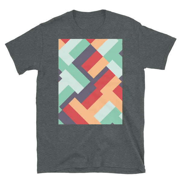 Diagonal shaped mid-century modern retro pattern in summertime tones such as eggplant, peach, scarlet, mint and teal dark heather t-shirt