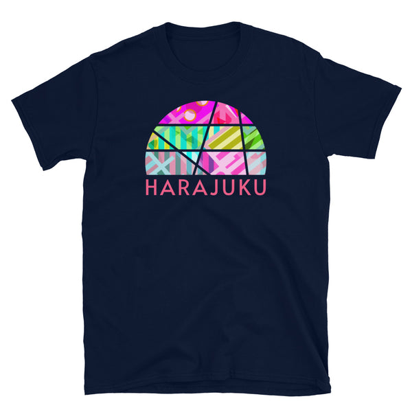 Kawaii Harajuku t shirt in a vintage sunset design with a geometric pattern on this navy cotton tee by BillingtonPix
