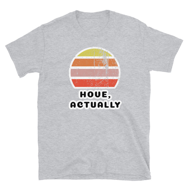 Abstract retro sunset graphic in distressed style yellow, orange, pink and scarlet stripes above the famous Brighton place name of Hove, actually, on this sport grey t-shirt
