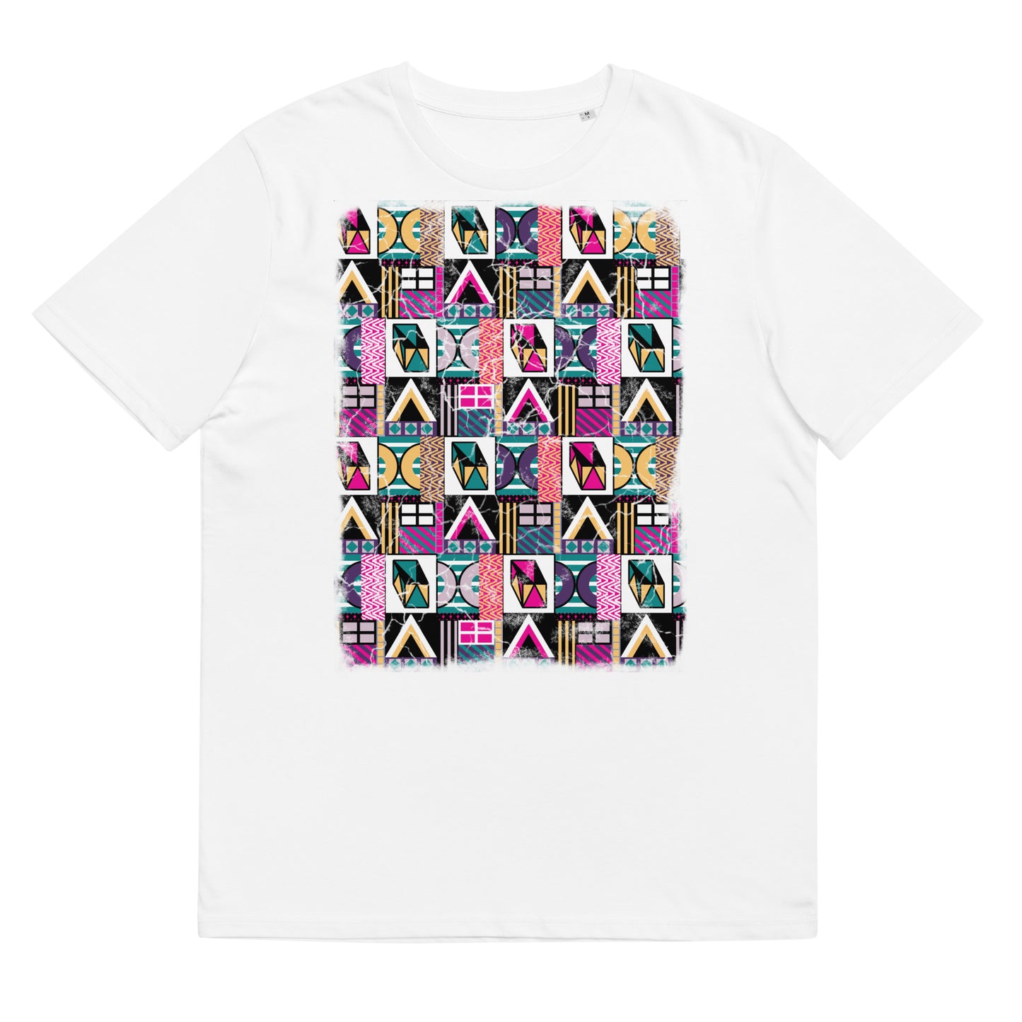 80s Memphis design organic t-shirt with geometric shapes in a distressed effect aesthetic. Postmodern design cotton t-shirt in bold colors and shapes..