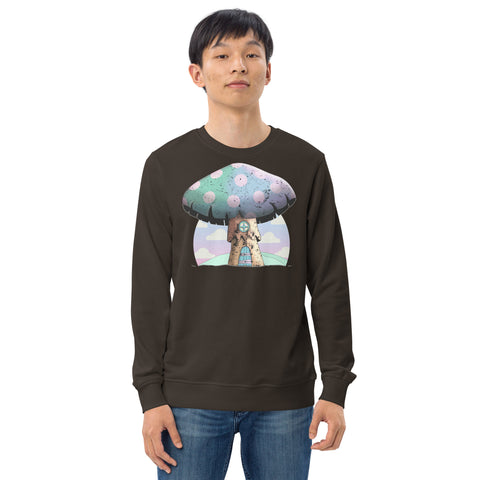 Cute mushroomcore themed organic sweatshirt with an anime mushroom house against an abstract pink cloudy sky. Mushroom house has a door and window in old wood style and the large cap of the mushroom is rainbow colored with pink spots. Very cute indeed. Graphic organic sweatshirt by BillingtonPix