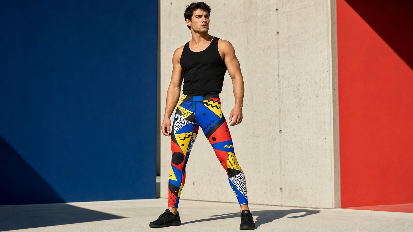 Man in black tank top standing confidently in urban setting, wearing bold retro 80s Memphis design leggings with geometric 2-dimensional shapes and colors.