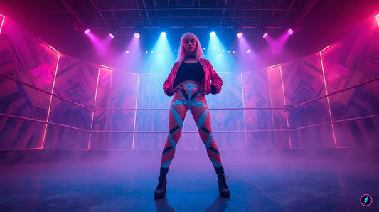 A retro 1980s wrestling cosplay scene with a woman wearing retro style leggings