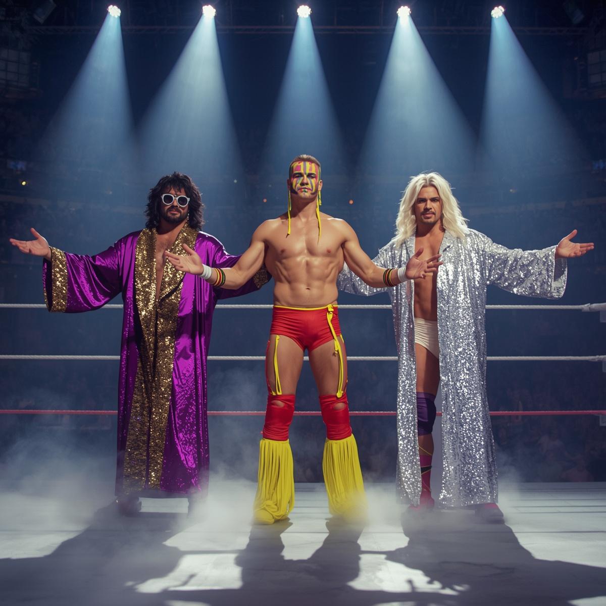 80s icons wearing wrestling cosplay outfits