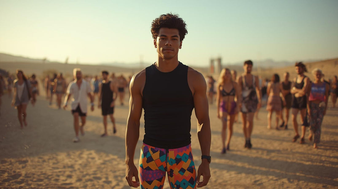 Confident man standing at a festival in foreground with fitted black top and wearing patterned brightly colored leggings