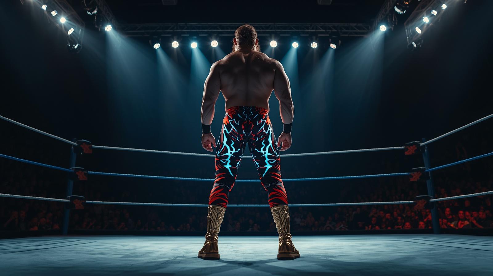 Confident athlete wearing colorful wrestling tights in the ring