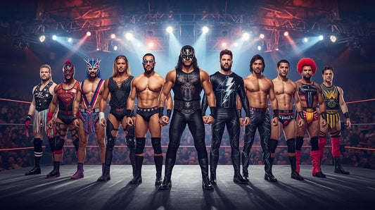 Lineup of colorful wrestling-inspired costumes displayed under arena lights in a dramatic entrance stage setting