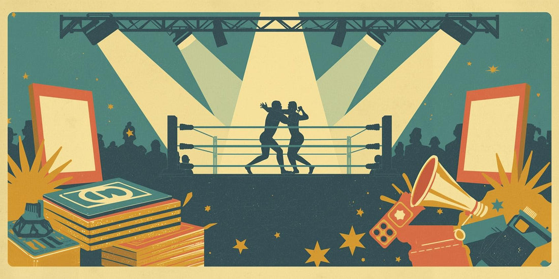 Mid-century inspired illustration showing professional wrestling promotion through posters, crowds and in-ring spectacle