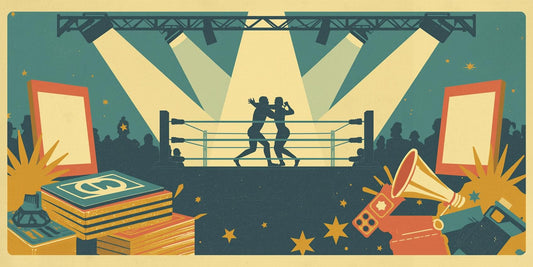 Mid-century inspired illustration showing professional wrestling promotion through posters, crowds and in-ring spectacle
