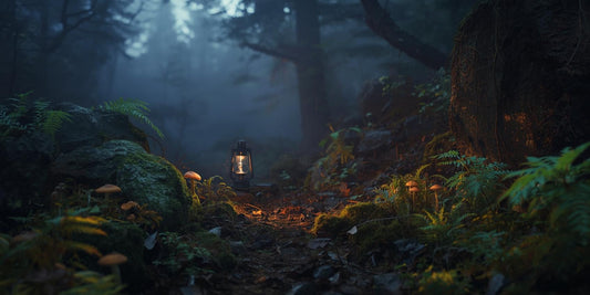 Goblincore vibes: a moody woodland scene at dusk with soft fog, moss-covered rocks, mushrooms and ferns, subtle warm lantern glow, cinematic lighting, earthy colour palette