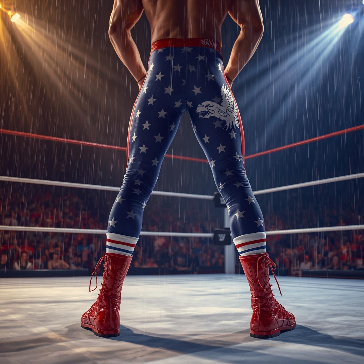 Patriotic American wrestler in red, white and blue tights with American eagle facing crowds in wrestling arena