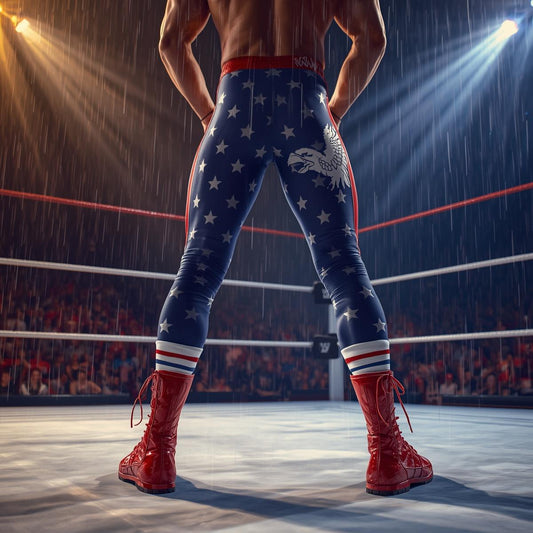 Patriotic American wrestler in red, white and blue tights with American eagle facing crowds in wrestling arena