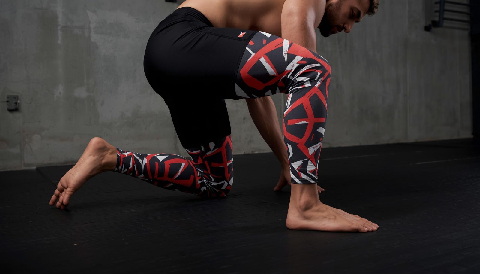 Athletic adult male in a low grappling stance on a dark training mat, wearing bold geometric-printed leggings
