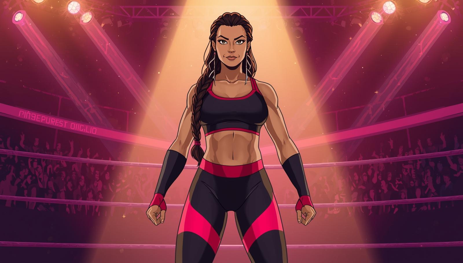 confident female wrestler with braids looking confident in wrestling arena