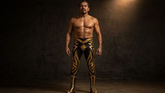 Athletic man standing front-on in full-length luchador-style wrestling tights
