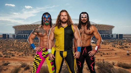 Bold men in wrestling tights and festival gear photographed at a large US venue, arena and desert landscape