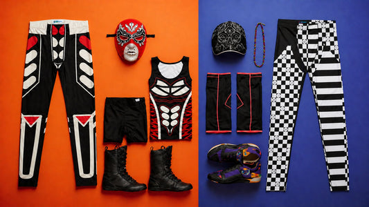 Bold men's wrestling and festival outfits laid out flat side by side - bright printed tights, luchador mask