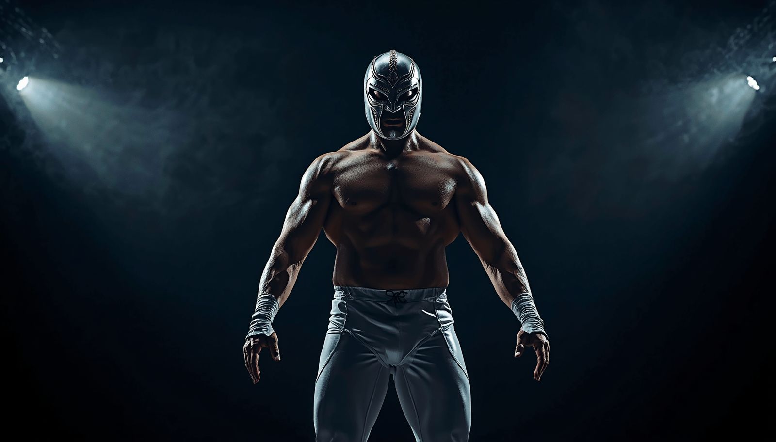 Dramatic full-body shot of a luchador in silver mask and white wrestling tights, standing in a dark arena with dramatic uplighting