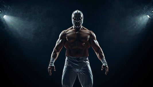 Dramatic full-body shot of a luchador in silver mask and white wrestling tights, standing in a dark arena with dramatic uplighting