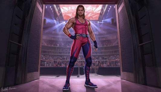 First convention attendee in bold wrestling-inspired activewear at a large convention hall entrance