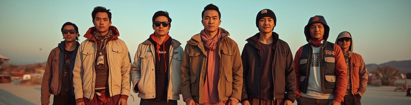 Group of men with average build standing in a desert festival environment in different positions, wearing layered practical Burning Man clothing