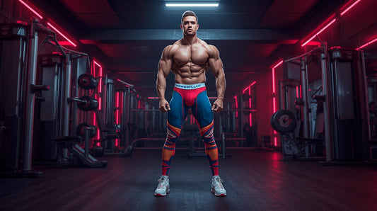 man standing confidently in futuristic gym wearing blue and red pro wrestling leggings
