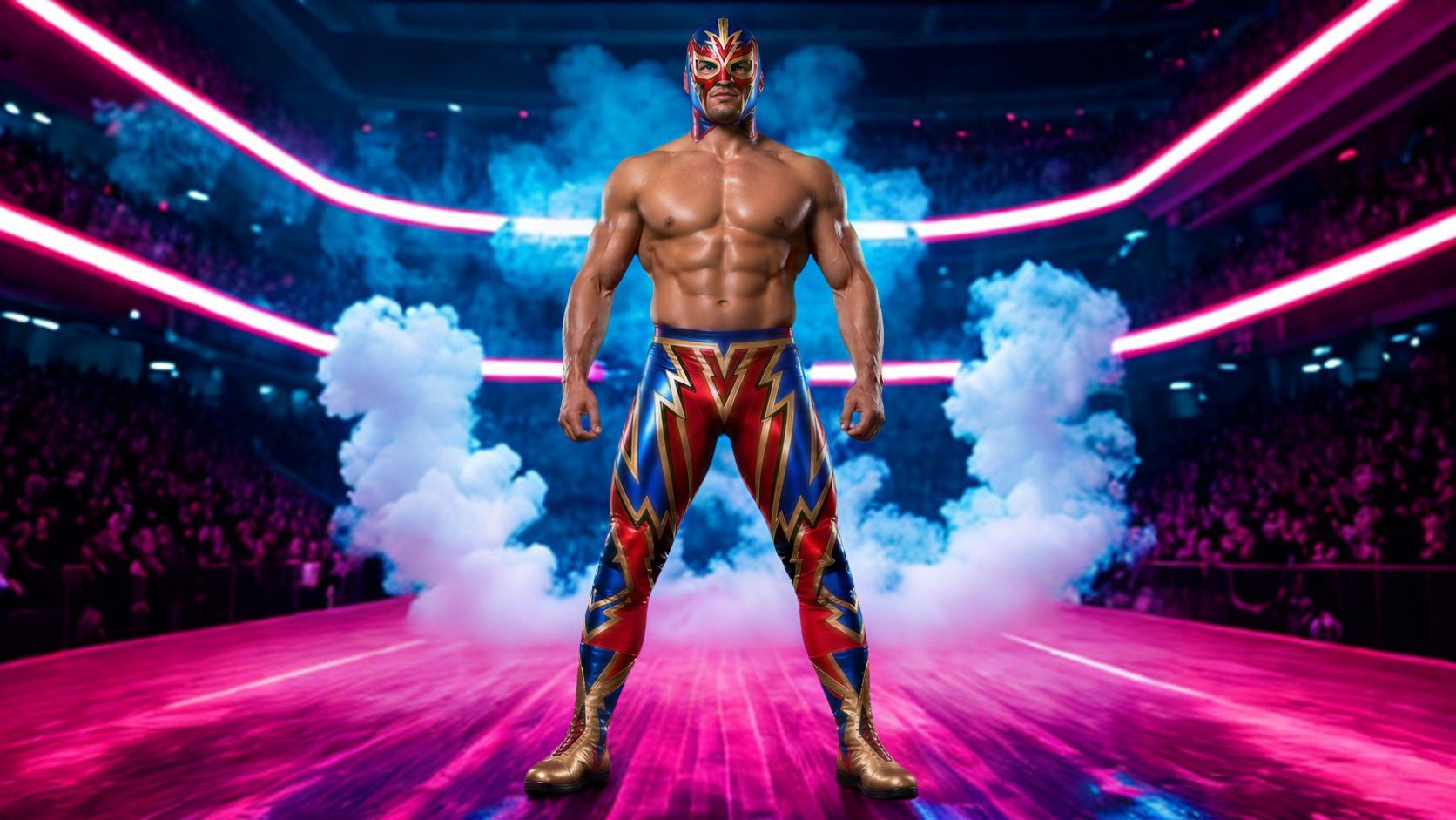 Luchador standing in an arena wrestling ring