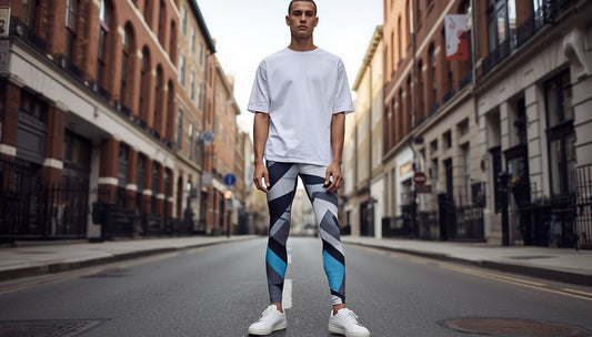 Male model, full length, wearing bold colour block patterned leggings, oversized plain white t-shirt, clean white low-profile trainers standing on an actual London street with urban architecture