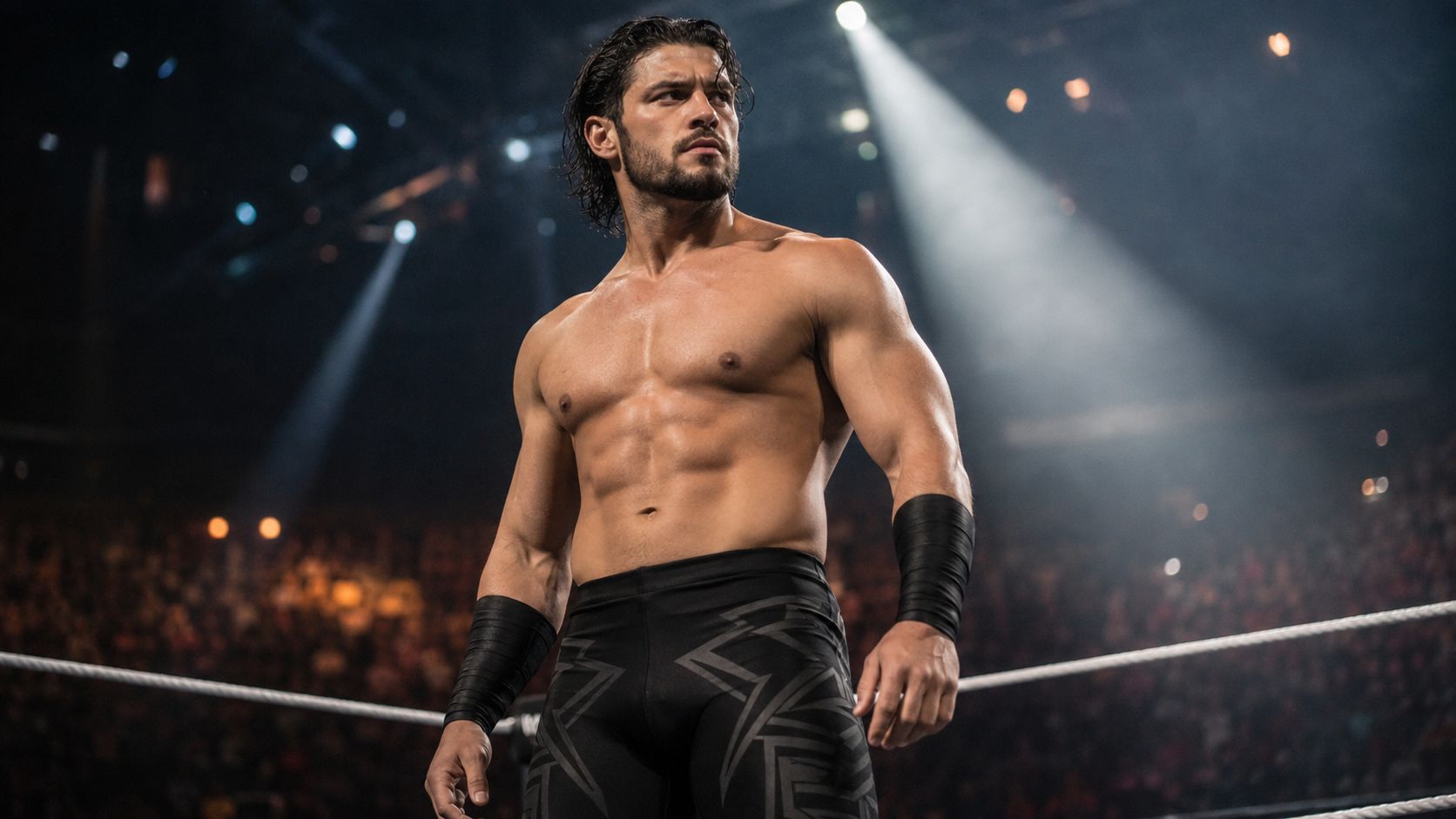 Man in all-black wrestling tights with bold dark graphic print standing in arena lighting, powerful stance